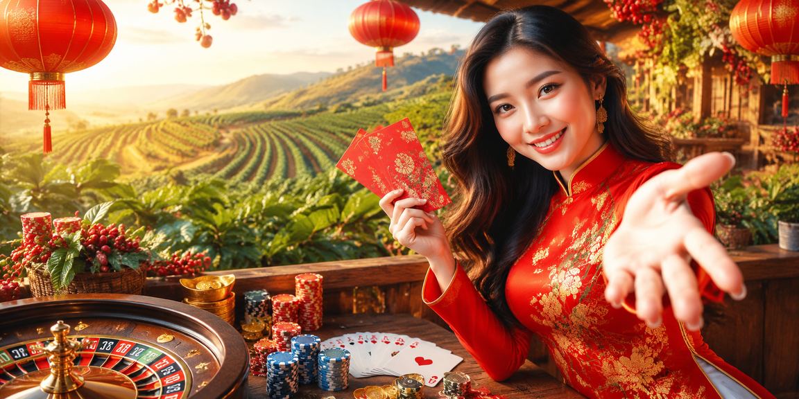 Phong bì đỏ may mắn bên cạnh ly cà phê Buôn Ma Thuột, biểu tượng thưởng và văn hóa Tây Nguyên Việt Nam