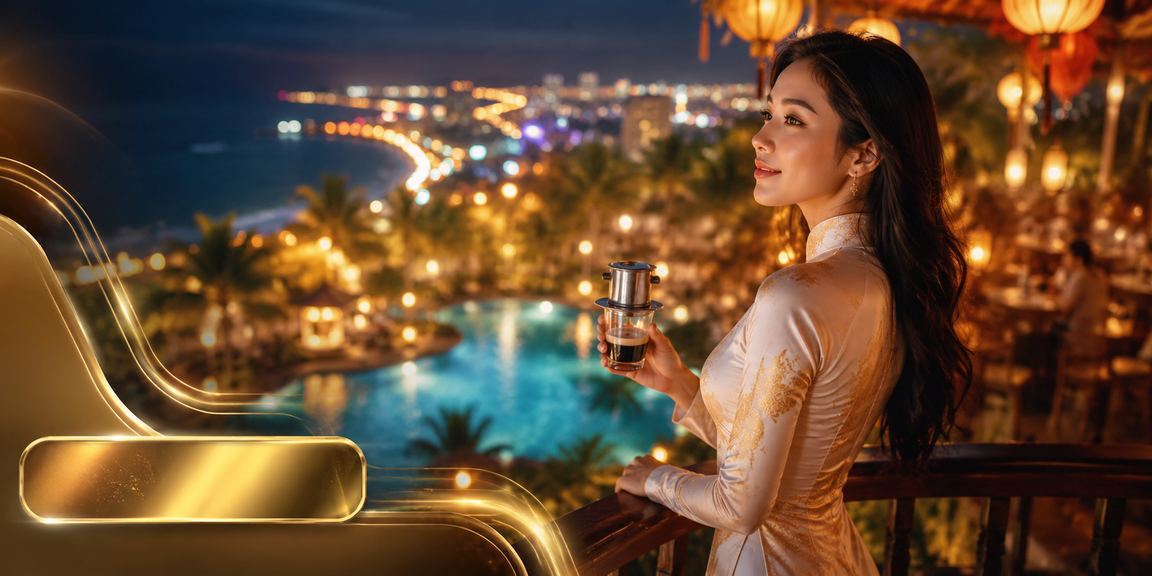 Cảnh biển Mũi Né với người mặc áo dài tham gia cá cược trực tuyến trên điện thoại di động